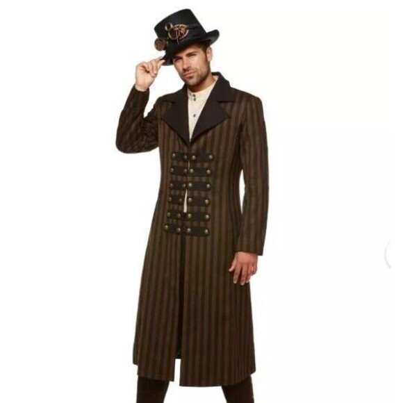 Spirit Halloween Steampunk Trench Coat Size M &Top Hat With Goggles Cosplay Goth - Picture 1 of 12